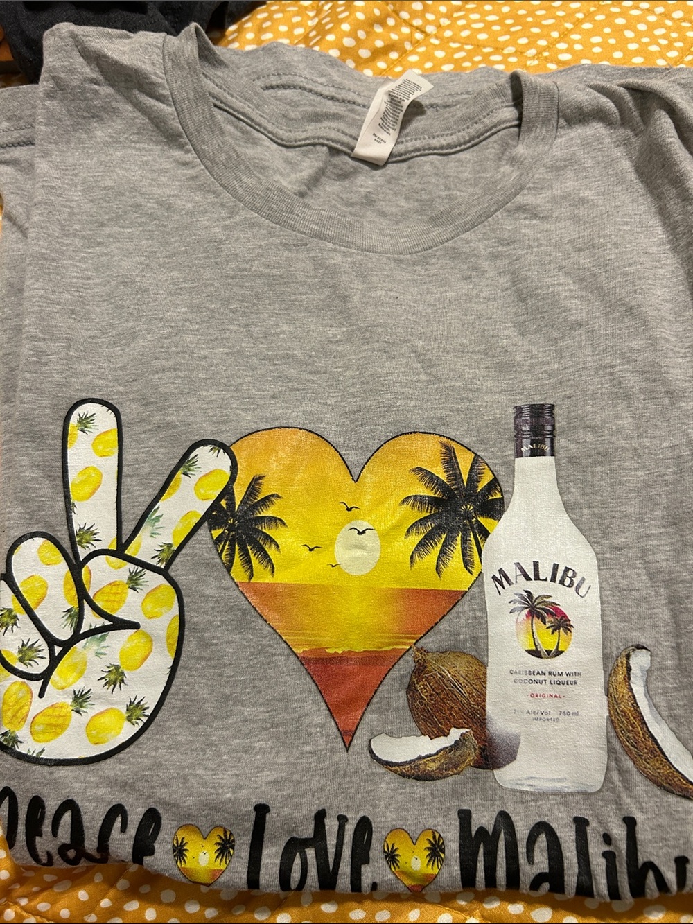 Malibu Gray Tee with Yellow-Orange Tropical Heart and Pineapple Peace Sign